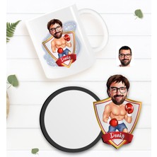 BK Kişiye Özel Erkek Boksör Karikatürlü Beyaz Kupa ve Ahşap Bardak Altlığı Hediye Seti-1