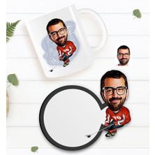 BK Kişiye Özel Hokeyci Karikatürlü Beyaz Kupa ve Ahşap Bardak Altlığı Hediye Seti-1