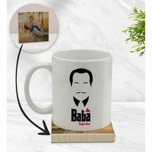 BK Kişiye Özel Baba Godfather Tasarımlı Beyaz Kupa Bardak ve Ahşap Bardak Altlığı Hediye Seti - Model 12