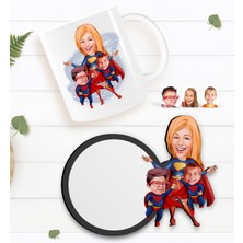 BK Kişiye Özel Süper Anne Süper Çocuklar Karikatürlü Beyaz Kupa ve Ahşap Bardak Altlığı Hediye Seti-1