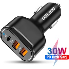 Uslion 30W 2 USB + Type-C Girişli Qc3.0 Hızlı Araç Çakmaklık Şarjı