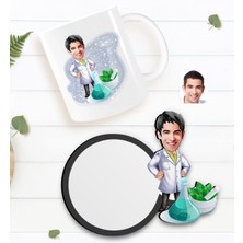 BK Kişiye Özel Erkek Eczacı Karikatürlü Beyaz Kupa ve Ahşap Bardak Altlığı Hediye Seti-1