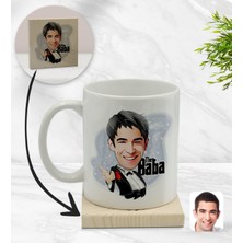 BK Kişiye Özel Baba Godfather Karikatürlü Beyaz Kupa Bardak ve Ahşap Bardak Altlığı Hediye Seti - Model 2