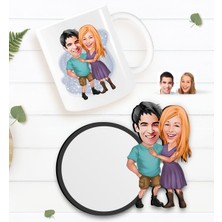 BK Kişiye Özel Sevgililer Karikatürlü Beyaz Kupa ve Ahşap Bardak Altlığı Hediye Seti-80