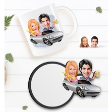 BK Kişiye Özel Sevgililer Karikatürlü Beyaz Kupa ve Ahşap Bardak Altlığı Hediye Seti-53