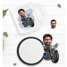 BK Kişiye Özel Erkek Motorcu Karikatürlü Beyaz Kupa ve Ahşap Bardak Altlığı Hediye Seti-2