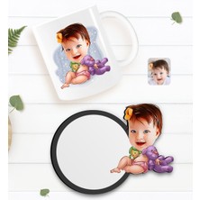 BK Kişiye Özel Bebek Karikatürlü Beyaz Kupa ve Ahşap Bardak Altlığı Hediye Seti-2