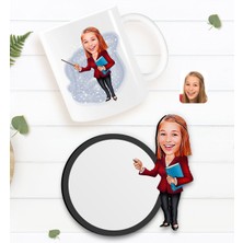 BK Kişiye Özel Kadın Öğretmen Karikatürlü Beyaz Kupa ve Ahşap Bardak Altlığı Hediye Seti-3