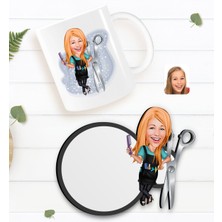 BK Kişiye Özel Kadın Kuaför Karikatürlü Beyaz Kupa ve Ahşap Bardak Altlığı Hediye Seti-1