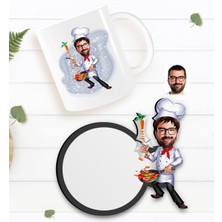 BK Kişiye Özel Erkek Chef Karikatürlü Beyaz Kupa ve Ahşap Bardak Altlığı Hediye Seti-1