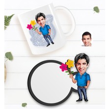 BK Kişiye Özel Erkek Karikatürlü Beyaz Kupa ve Ahşap Bardak Altlığı Hediye Seti-1