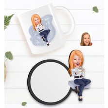 BK Kişiye Özel Kadın Karikatürlü Beyaz Kupa ve Ahşap Bardak Altlığı Hediye SETI-101