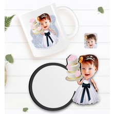 BK Kişiye Özel Kız Çocuk Doğum Günü Karikatürlü Beyaz Kupa ve Ahşap Bardak Altlığı Hediye Seti-2