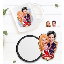 BK Kişiye Özel Sevgililer Karikatürlü Beyaz Kupa ve Ahşap Bardak Altlığı Hediye Seti-2