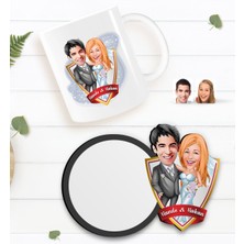 BK Kişiye Özel Evleniyoruz Karikatürlü Beyaz Kupa ve Ahşap Bardak Altlığı Hediye Seti-5