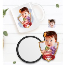 BK Kişiye Özel Bebek Karikatürlü Beyaz Kupa ve Ahşap Bardak Altlığı Hediye Seti-2