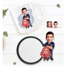 BK Kişiye Özel Baba Kız Karikatürlü Beyaz Kupa ve Ahşap Bardak Altlığı Hediye Seti-1