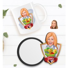 BK Kişiye Özel Kadın Diyetisyen Karikatürlü Beyaz Kupa ve Ahşap Bardak Altlığı Hediye Seti-1