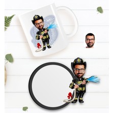 BK Kişiye Özel Itfaiyeci Karikatürlü Beyaz Kupa ve Ahşap Bardak Altlığı Hediye Seti-1