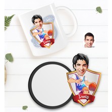 BK Kişiye Özel Erkek Basketbolcu Karikatürlü Beyaz Kupa ve Ahşap Bardak Altlığı Hediye Seti-2