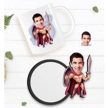 BK Kişiye Özel Spartalı Karikatürlü Beyaz Kupa ve Ahşap Bardak Altlığı Hediye Seti-1