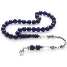 Online Hediye Sepeti 925 Ayar Gümüş Püsküllü Küre Kesim Lacivert Sıkma Kehribar Tesbih