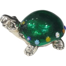 Es Dekor Italyan, Murano Cam , Gümüş Kaplama , Mia Fiore Desenli Yeşil Kaplumbağa Biblo 12×8 cm