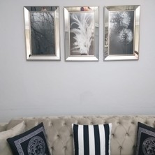 Linacci Ayna Çerçeveli Üçlü Gümüş Renkli Çerçeve Siyah Beyaz Yapraklı Karahindiba Tablo Poster Seti