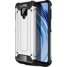 Case 4U Xiaomi Redmi Note 9S / Note 9 Pro Kılıf Military Armor Çift Katmanlı Crash Silikon Kılıf + Cam Ekran Koruyucu Gümüş