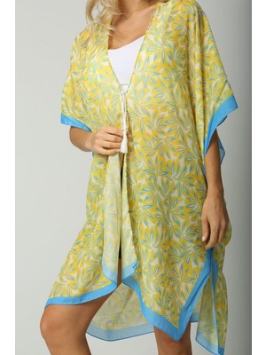 Luminos Butik Kadın Turkuaz Sarı Yaprak Desenli Pareo - Kimono