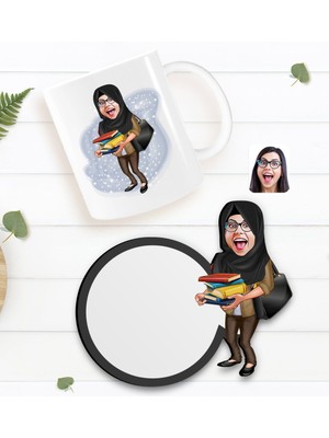 BK Kişiye Özel Tesettürlü Kadın Öğretmen Karikatürlü Beyaz Kupa ve Ahşap Bardak Altlığı Hediye Seti-2