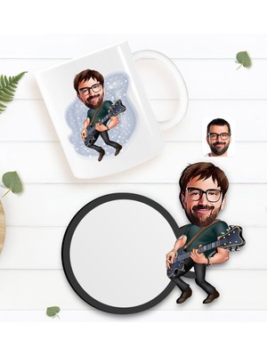BK Kişiye Özel Erkek Gitarist Karikatürlü Beyaz Kupa ve Ahşap Bardak Altlığı Hediye Seti-1