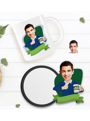 BK Kişiye Özel Erkek En Iyi Öğretmen Karikatürlü Beyaz Kupa ve Ahşap Bardak Altlığı Hediye Seti-1