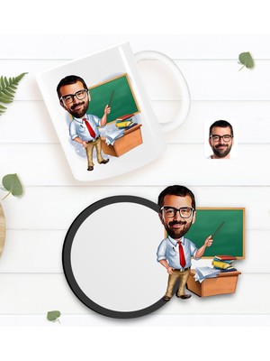 BK Kişiye Özel Erkek Öğretmen Karikatürlü Beyaz Kupa ve Ahşap Bardak Altlığı Hediye Seti-1