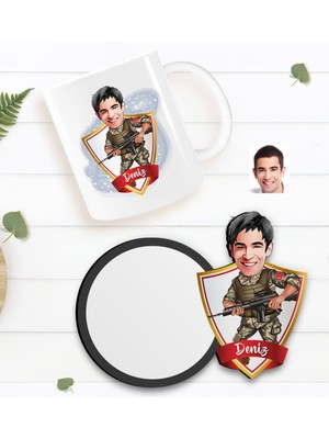 BK Kişiye Özel Asker Karikatürlü Beyaz Kupa ve Ahşap Bardak Altlığı Hediye Seti-1