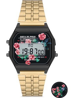 Aqua Di Polo 1987 Kadın Altın Metal Kordonlu Çiçek Desenli Dijital Retro Saat APWA034004