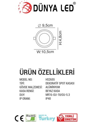 Dünya Led HS.2655 Pluton Boş Kasa Beyaz Yuvarlak Kolay Montaj ve Kullanım