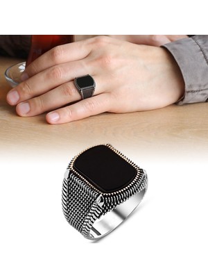 Online Hediye Sepeti Nokta Işlemeli Siyah Oval Oniks Taşlı 925 Ayar Gümüş Erkek Yüzük