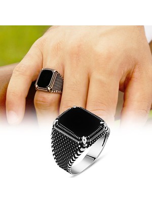 Online Hediye Sepeti Nokta Işlemeli Siyah Köşeli Oniks Taşlı 925 Ayar Gümüş Erkek Yüzük