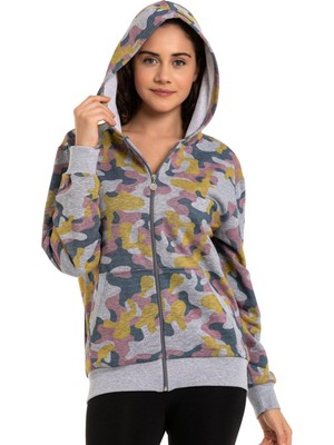 Vish Kadın Kamuflaj Desen Kalın 3 Iplik Kapüşonlu Fermuarlı Sweatshirt