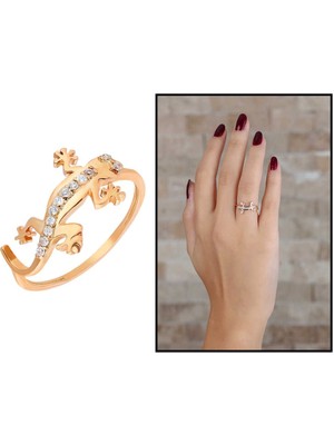 Online Hediye Sepeti Zirkon Taşlı Kertenkele Tasarım Rose Renk 925 Ayar Gümüş Bayan Yüzük