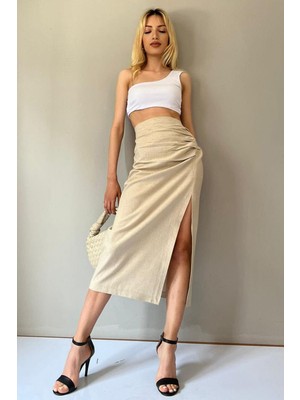 Madmext Bej Basic Midi Boy Büzgülü Keten Etek MG1540