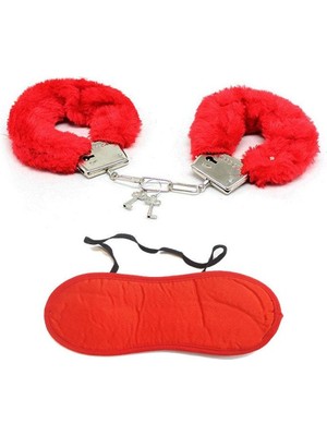 Kırmızı Renk Tüylü Otrişli Anahtarlı Peluş Kelepçe ve Kırmızı Uyku Bandı Seti