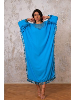Keyifli Moda Kadın Mavi Kafes Yaka Yanları Püsküllü Oversize Uzun Elbise