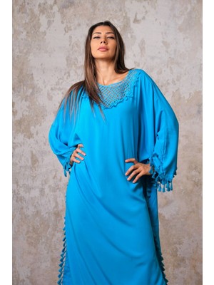 Keyifli Moda Kadın Mavi Kafes Yaka Yanları Püsküllü Oversize Uzun Elbise