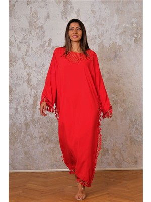 Keyifli Moda Kadın Kırmızı Kafes Yaka Yanları Püsküllü Oversize Uzun Elbise