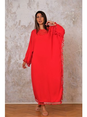 Keyifli Moda Kadın Kırmızı Kafes Yaka Yanları Püsküllü Oversize Uzun Elbise