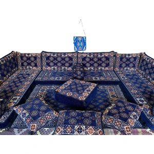 Şark Köşesi Minderi Otantik Desenli 120 x 180 cm Kilim, Orta Puf, Heybe Çanta Takımı Konsept Mavi 20 Parça