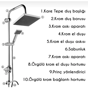 Siyah Krom Kare Tepe Yağmurlama Banyo Robot Duş Seti