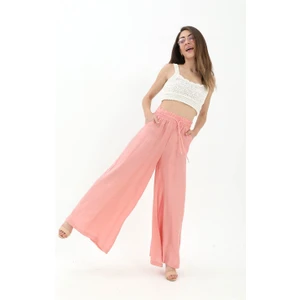 Vpr Moda Geniş Kemerli Bol Paça Düz Keten Kadın Pantolon - Gülkurusu
